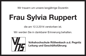 Traueranzeige von Sylvia Ruppert von Pegnitz-Zeitung